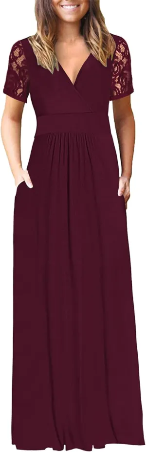 AUSELILY Womens Maxi Dress 2025 Summer Lace Short Sleeve V Neck Wrap Waist Long Dresses with Pockets