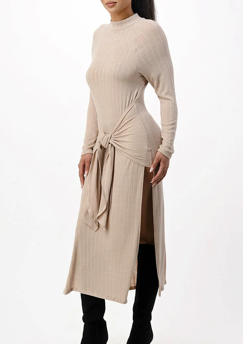Bodil Front tie midi knit long sleeve dress