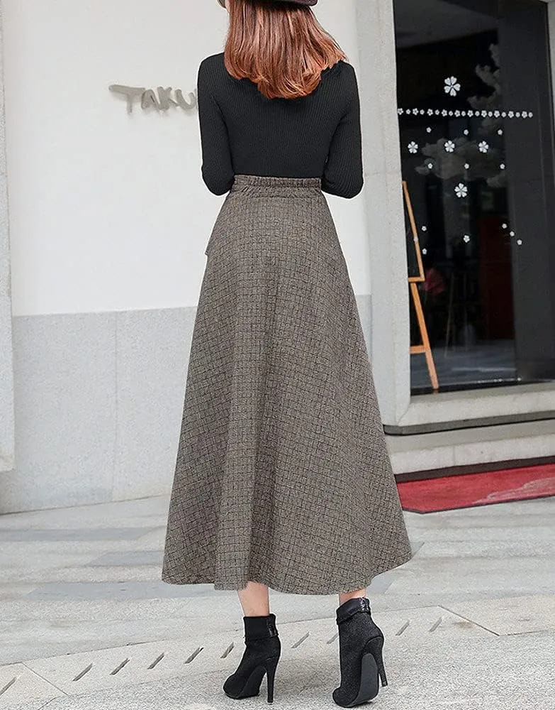 ebossy Women's Plaid Printed Wool High Waist Elastic A-line Pleated Zipper Swing Flowy Flared Winter Long Skirt
