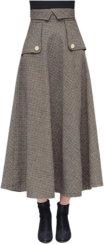 ebossy Women's Plaid Printed Wool High Waist Elastic A-line Pleated Zipper Swing Flowy Flared Winter Long Skirt