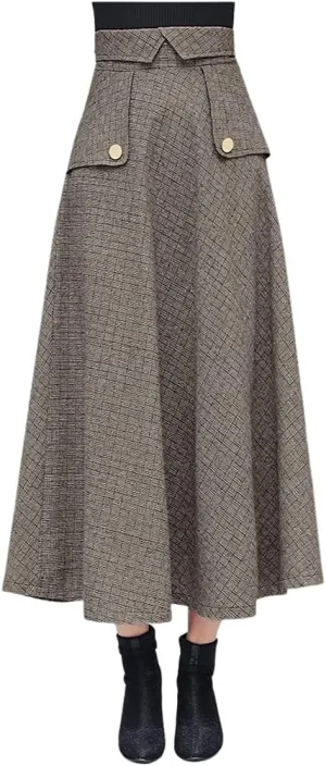 ebossy Women's Plaid Printed Wool High Waist Elastic A-line Pleated Zipper Swing Flowy Flared Winter Long Skirt