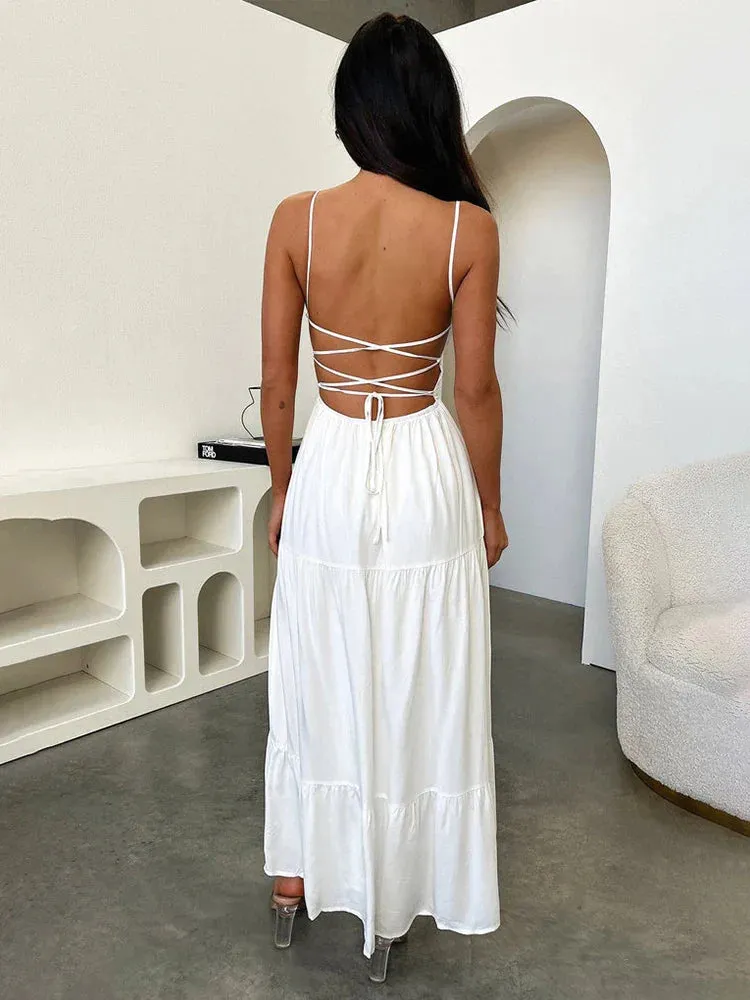 Elegant A-line Spaghetti Strap Spring Summer Backless Sexy Party Maxi Dress