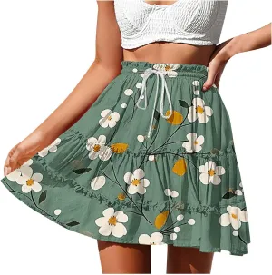Flowy Skirts for Women Summer Beach Vacation Casual Boho Floral Print Ruffle Tiered Skorts High Waist Mini Skirts