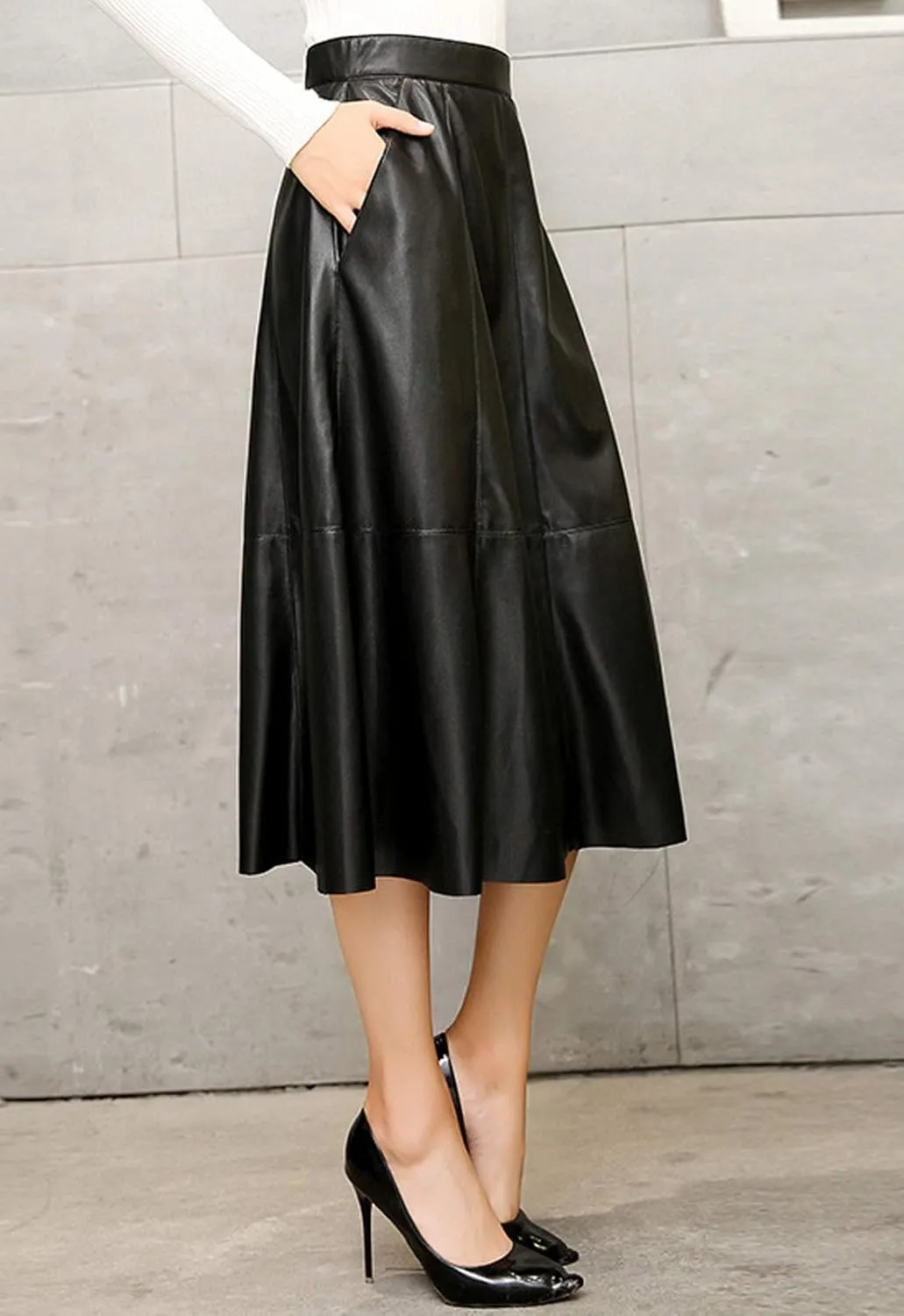 Flygo Women's High Waisted A-Line PU Faux Leather Skirt Pleated Midi Long Skirts