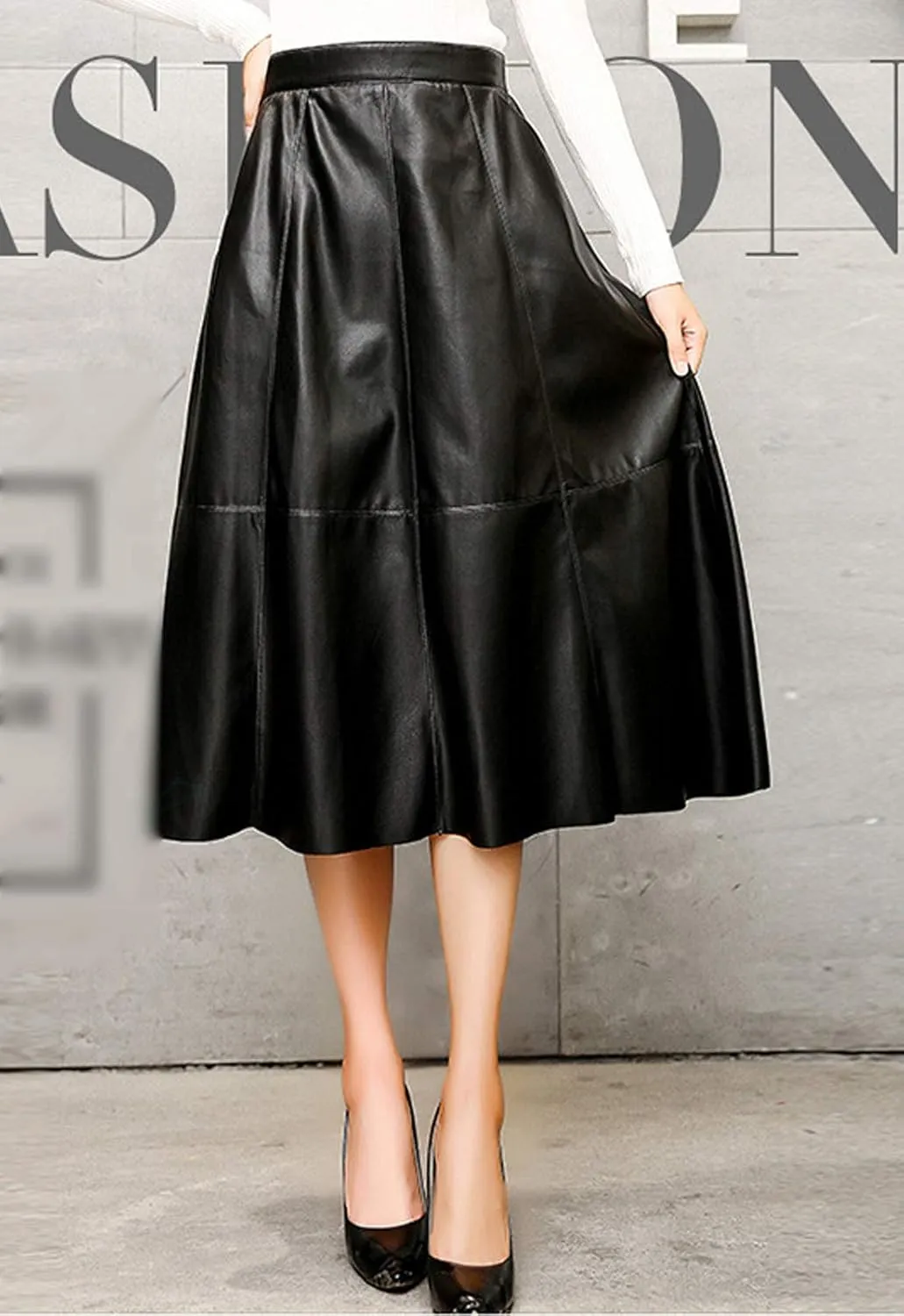 Flygo Women's High Waisted A-Line PU Faux Leather Skirt Pleated Midi Long Skirts