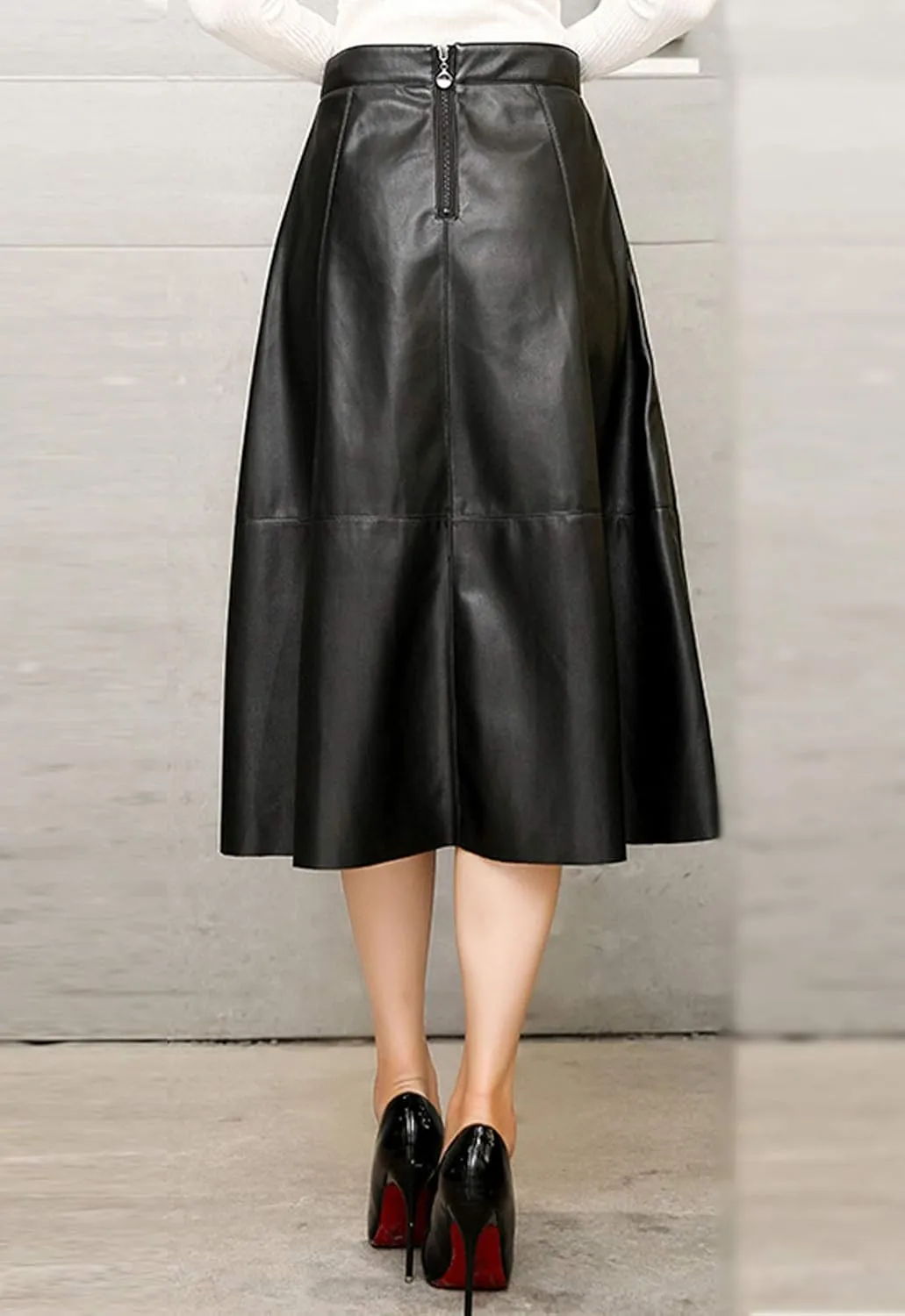 Flygo Women's High Waisted A-Line PU Faux Leather Skirt Pleated Midi Long Skirts