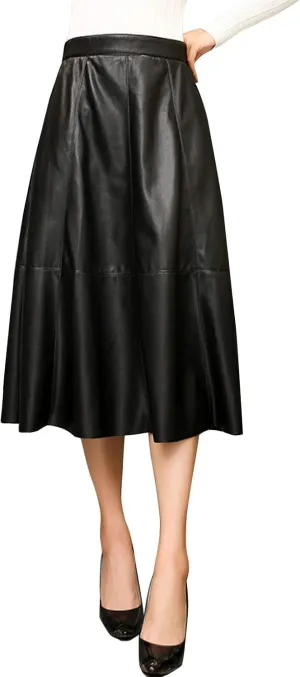 Flygo Women's High Waisted A-Line PU Faux Leather Skirt Pleated Midi Long Skirts