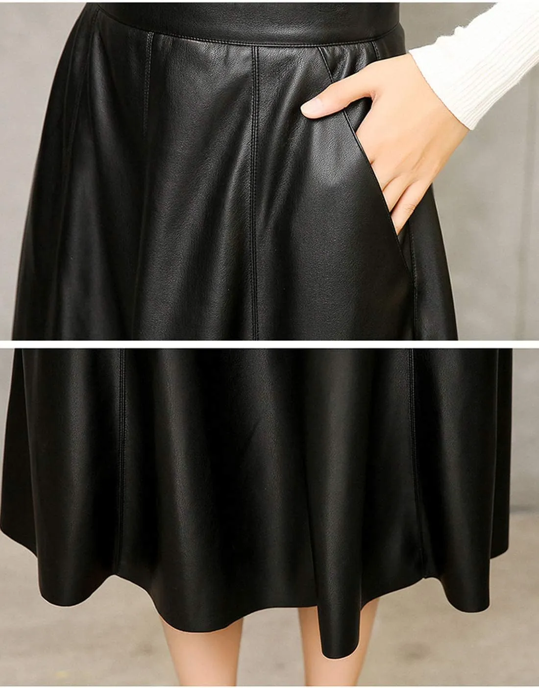 Flygo Women's High Waisted A-Line PU Faux Leather Skirt Pleated Midi Long Skirts