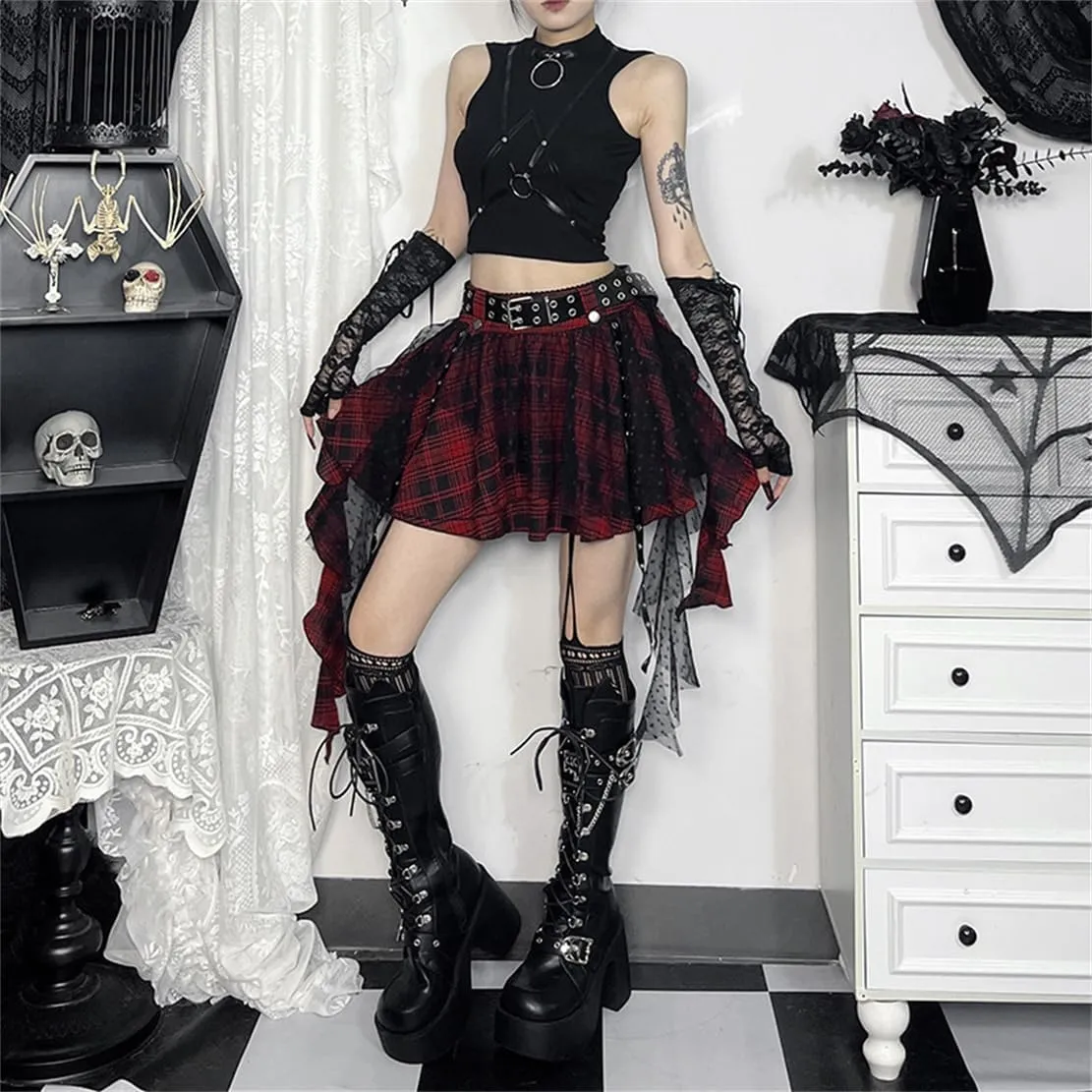 Gothic Pleated Mini Skirt Y2K Grunge Casual High Waisted A-line Flare Skirts