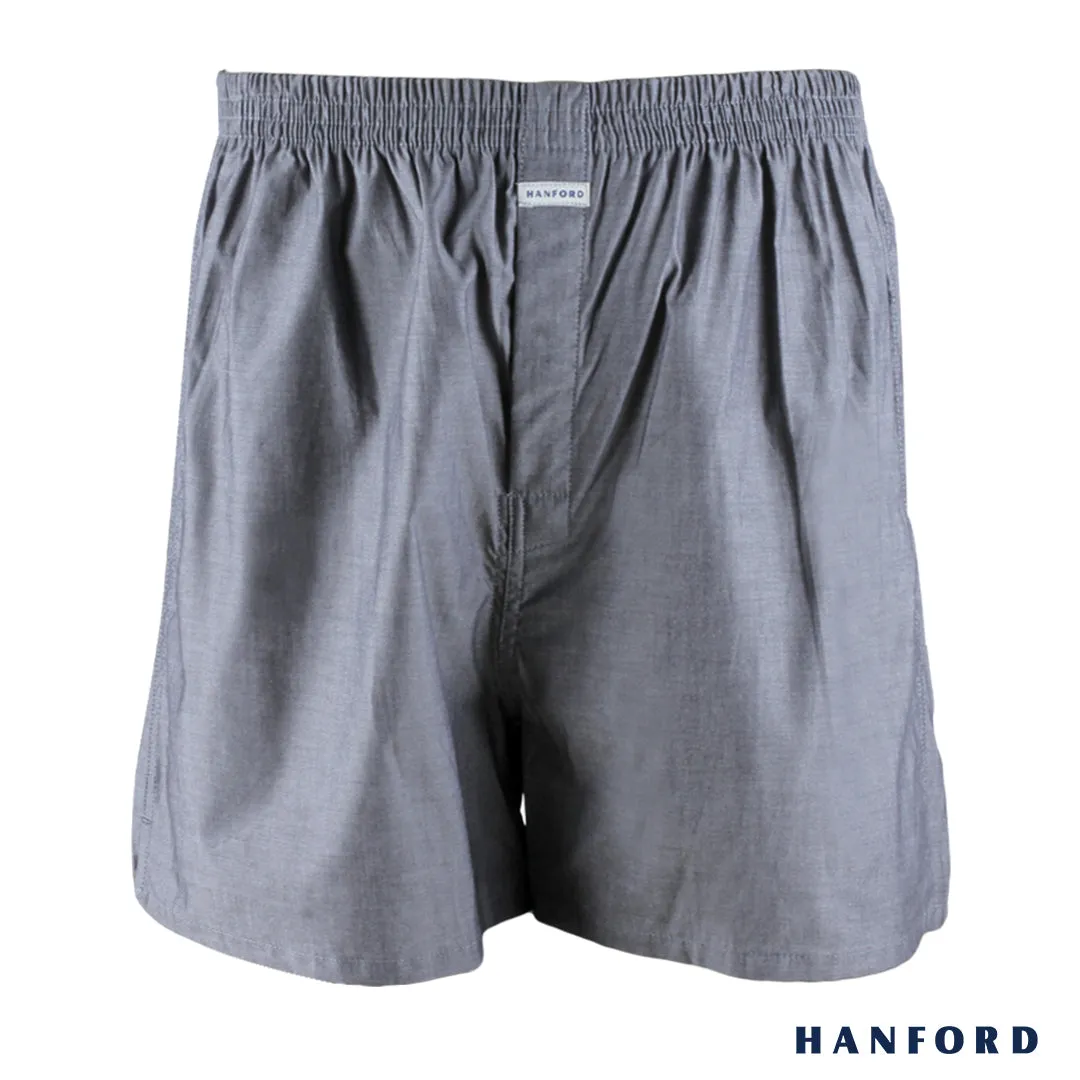Hanford Men 100% Premium Cotton Woven Boxer Shorts Bryan - Chambray/Black (SinglePack)