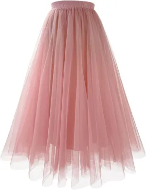 HGps8w Women's A-Line Fairy Elastic Waist Tulle Midi Skirt Elegant Multilayer Mesh Lace Tulle Tutu Skirts for Dance Party