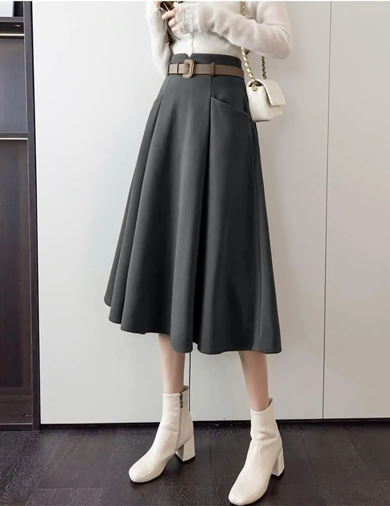 IDEALSANXUN Wool Midi Skirts for Womens High Waisted A Line Pleated Belted Fall Winter Skirts