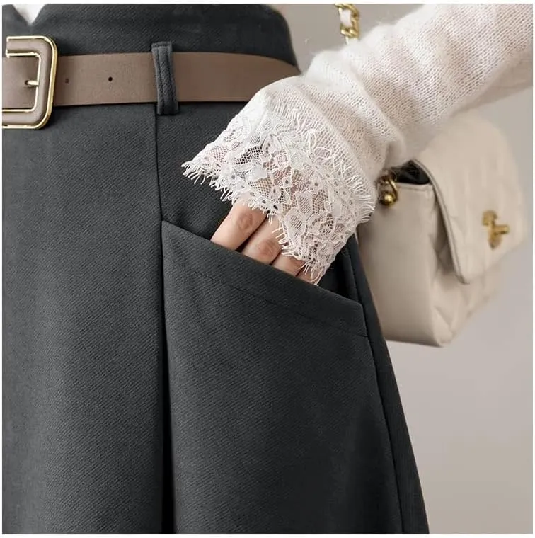 IDEALSANXUN Wool Midi Skirts for Womens High Waisted A Line Pleated Belted Fall Winter Skirts