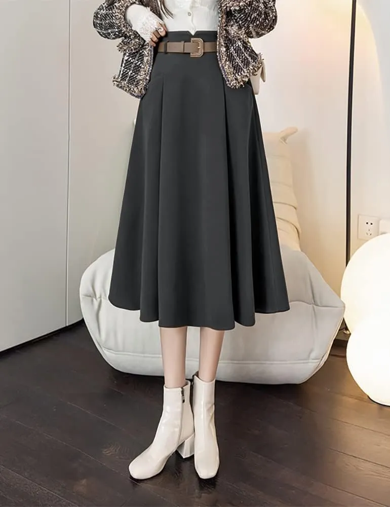 IDEALSANXUN Wool Midi Skirts for Womens High Waisted A Line Pleated Belted Fall Winter Skirts