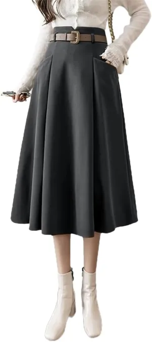 IDEALSANXUN Wool Midi Skirts for Womens High Waisted A Line Pleated Belted Fall Winter Skirts