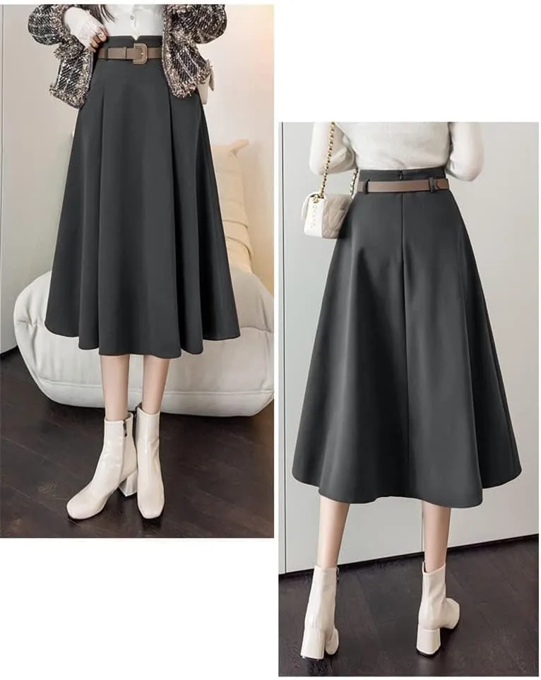 IDEALSANXUN Wool Midi Skirts for Womens High Waisted A Line Pleated Belted Fall Winter Skirts