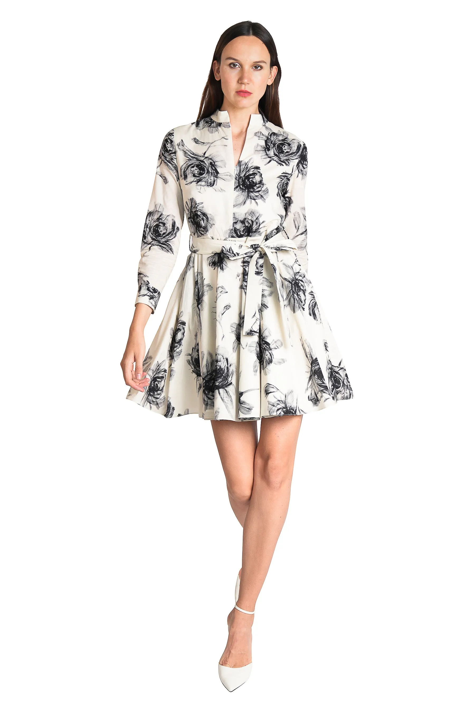 Imalda High-neck Zipper Flared Shirtdress