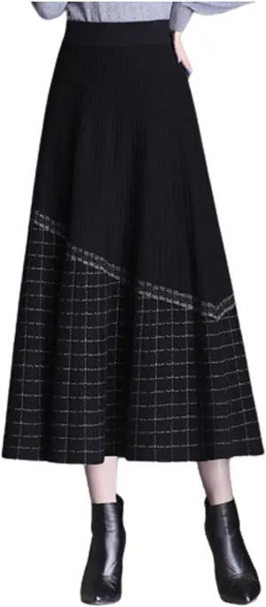 JITEM Women's Pleated Knit Sweater Midi Skirt Elastic Waist A Line Asymmetrical Plaid Long Skirt for Autumn and Winter, Black Gray