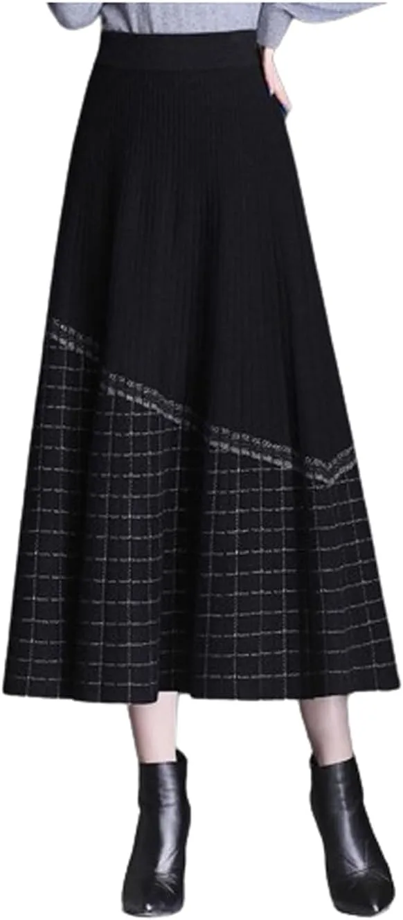 JITEM Women's Pleated Knit Sweater Midi Skirt Elastic Waist A Line Asymmetrical Plaid Long Skirt for Autumn and Winter, Black Gray