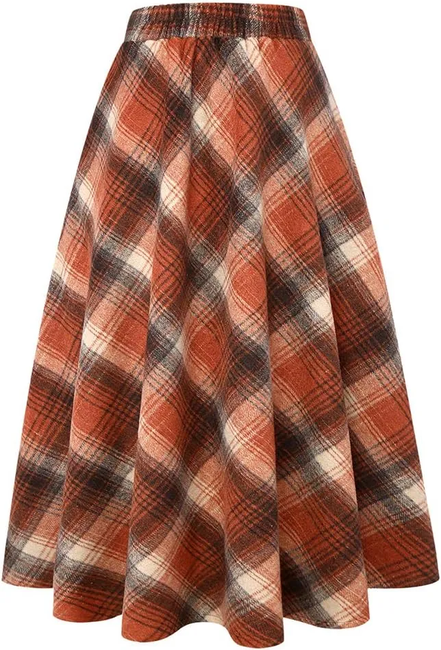 Long Plaid Wool Skirt for Womens Winter Fall Warm High Elastic Waist A line Flared Pleated Wool Tartan Skirts