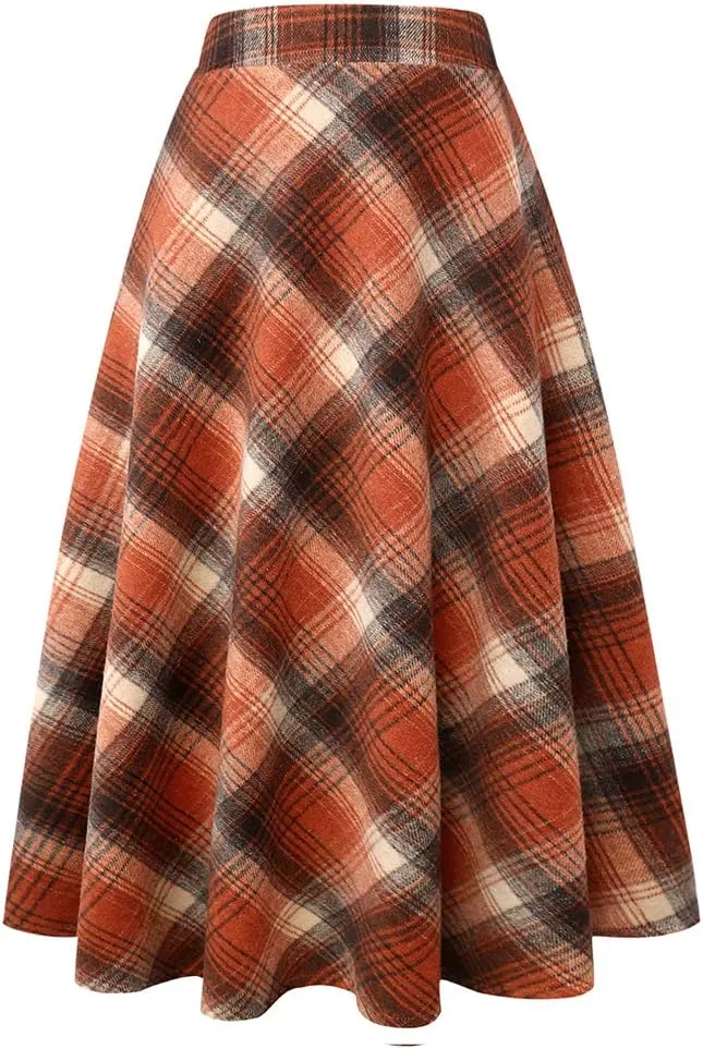 Long Plaid Wool Skirt for Womens Winter Fall Warm High Elastic Waist A line Flared Pleated Wool Tartan Skirts