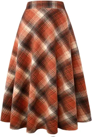 Long Plaid Wool Skirt for Womens Winter Fall Warm High Elastic Waist A line Flared Pleated Wool Tartan Skirts