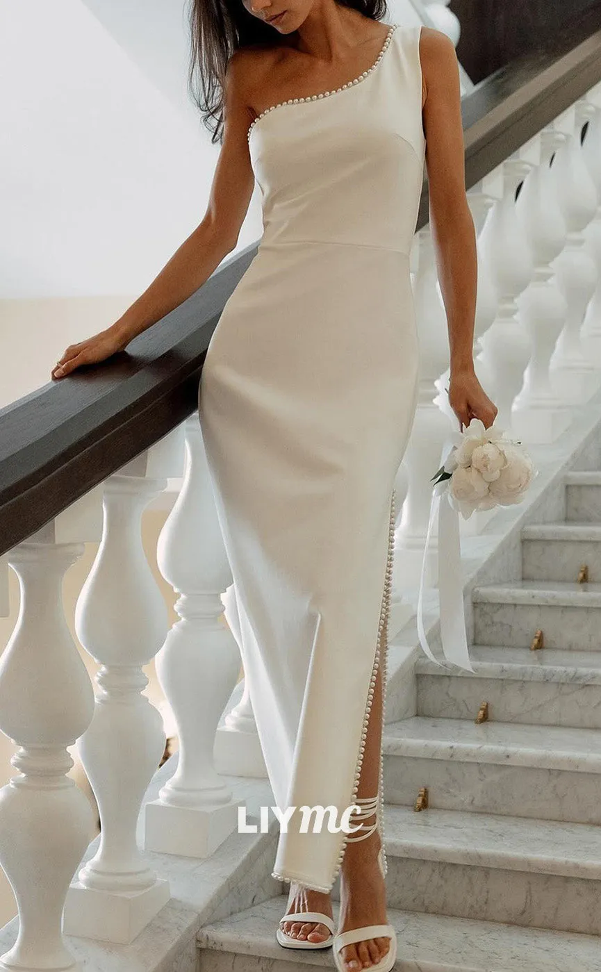 LW945 - Asymmetrical Sleeveless Sleek Satin Side Slit Beach Wedding Dress