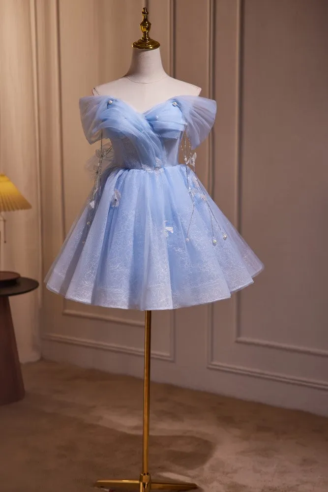 Off the Shoulder Blue Fairy A Line Short Homecoming Dresses