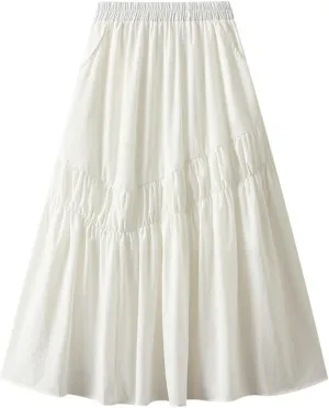 Pleated Skirt for Women with Pockets Midi Long Tiered A-Line Skirt High Waist All-Match Solid Color Long Skirts