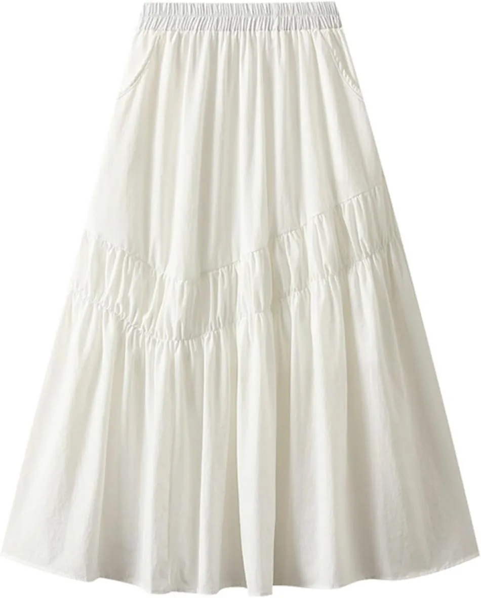 Pleated Skirt for Women with Pockets Midi Long Tiered A-Line Skirt High Waist All-Match Solid Color Long Skirts