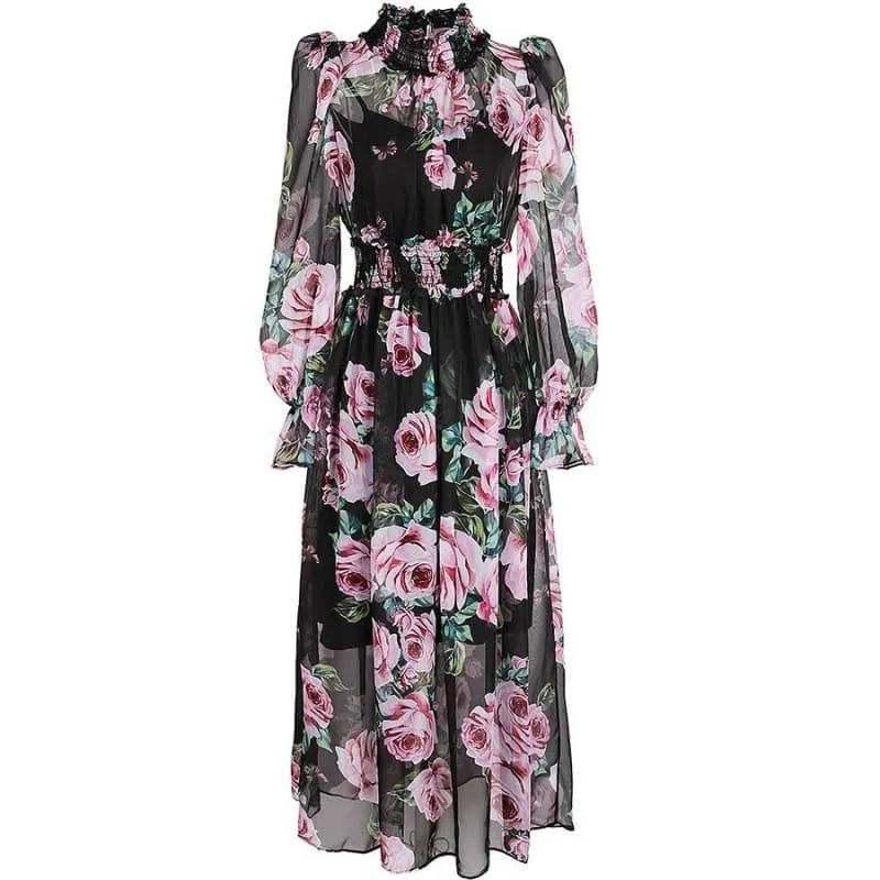 Romantic Rose Print Spring Elegant Turtleneck Waist Elastic Maxi Dress