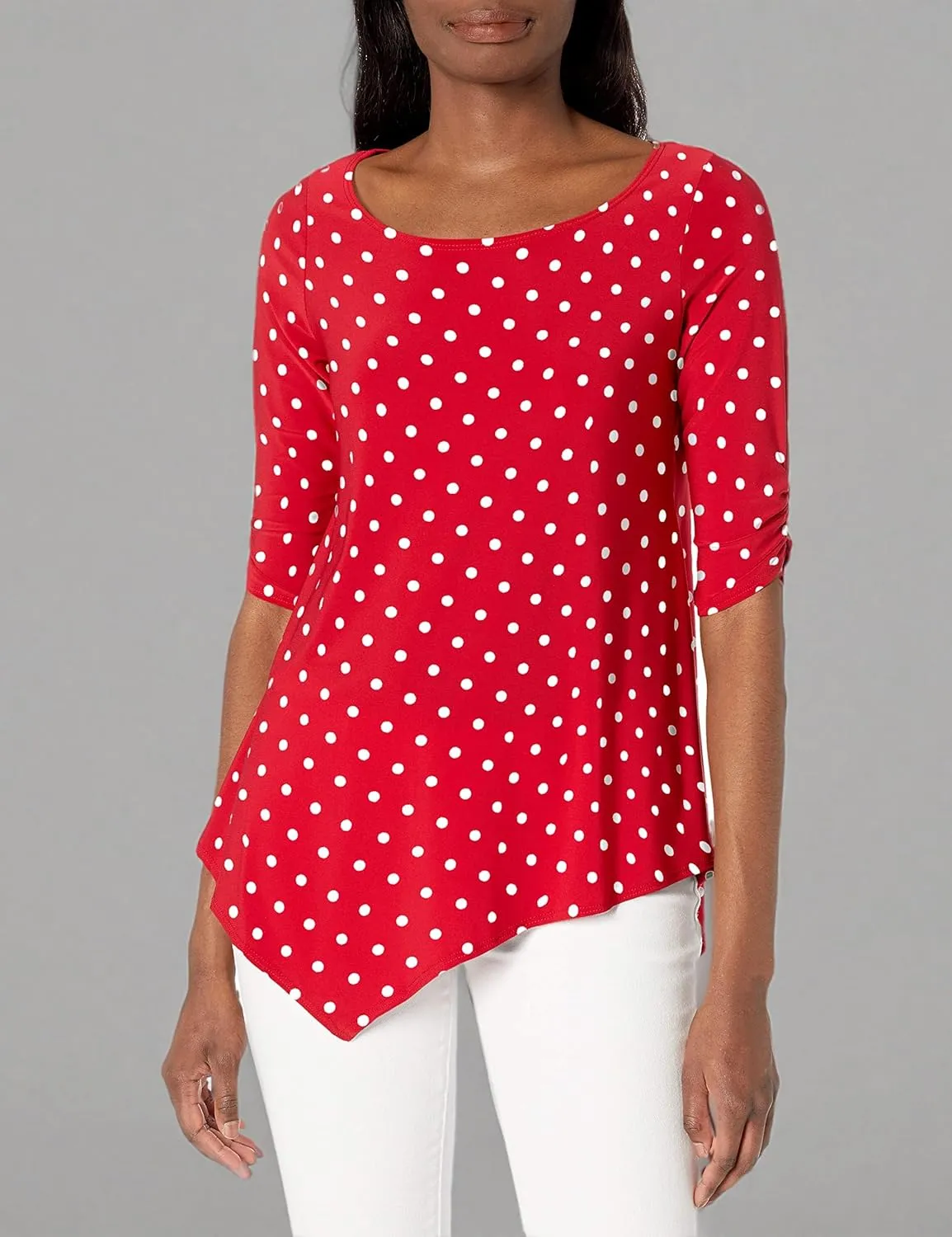 Star Vixen Women's Petite Elbow-Cinch Sleeve Hanky Hem Top