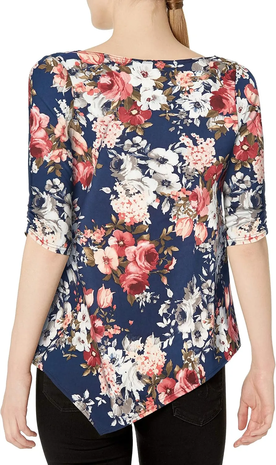 Star Vixen Women's Petite Elbow-Cinch Sleeve Hanky Hem Top