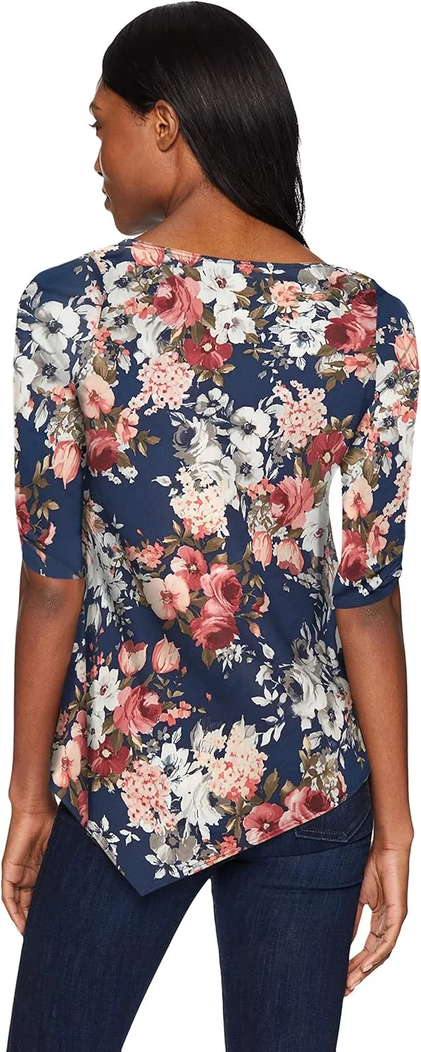Star Vixen Women's Petite Elbow-Cinch Sleeve Hanky Hem Top