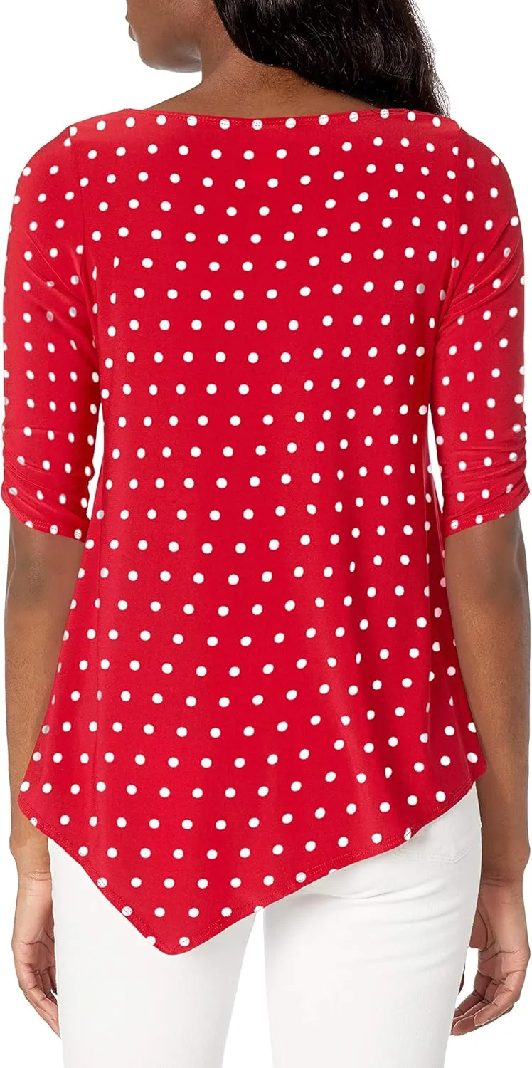 Star Vixen Women's Petite Elbow-Cinch Sleeve Hanky Hem Top