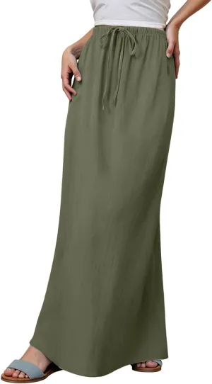 Summer Linen Maxi Skirts for Women Boho Beach Vacation Drawstring Low Waist A Line Skirt Flowy Long Cover Ups
