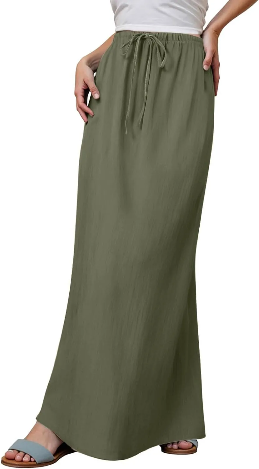 Summer Linen Maxi Skirts for Women Boho Beach Vacation Drawstring Low Waist A Line Skirt Flowy Long Cover Ups