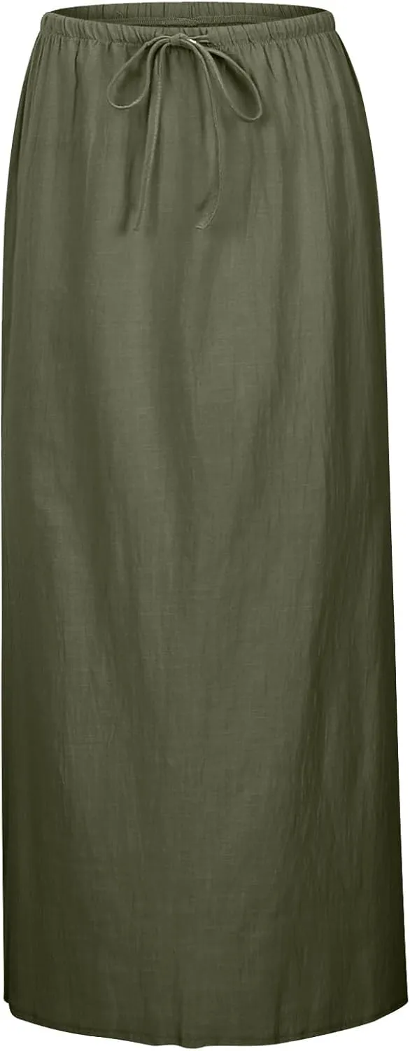 Summer Linen Maxi Skirts for Women Boho Beach Vacation Drawstring Low Waist A Line Skirt Flowy Long Cover Ups