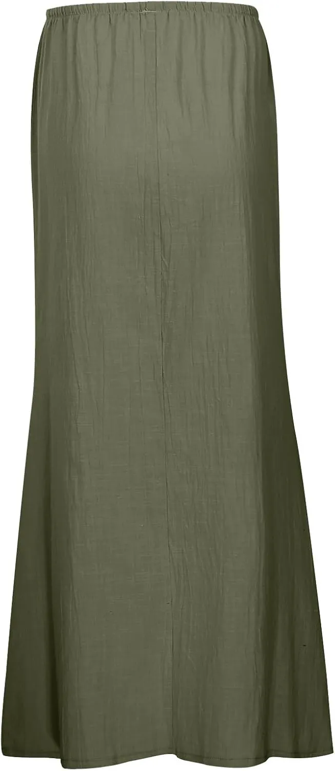Summer Linen Maxi Skirts for Women Boho Beach Vacation Drawstring Low Waist A Line Skirt Flowy Long Cover Ups