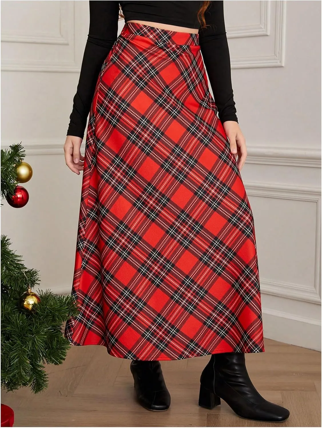SweatyRocks Girl's Plaid Ruffle Skirt High Waisted A Line Party Fall Maxi Skirts