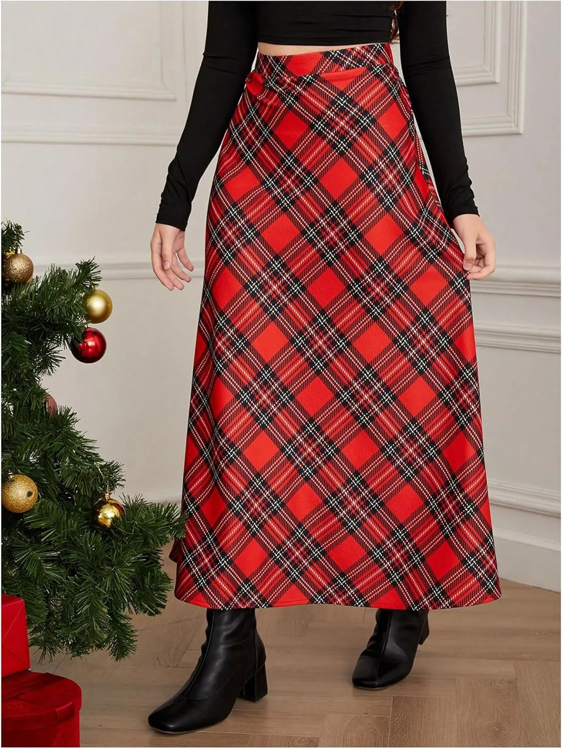 SweatyRocks Girl's Plaid Ruffle Skirt High Waisted A Line Party Fall Maxi Skirts