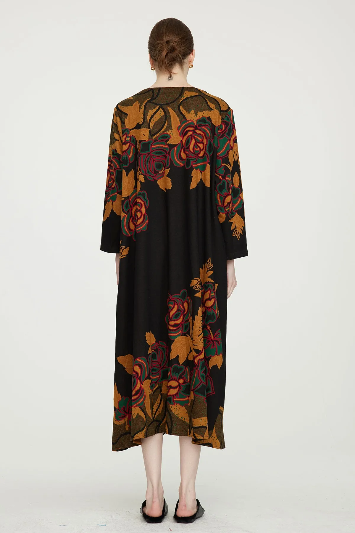 Vintage Rose V-Neck Mesh Splice Long Dress