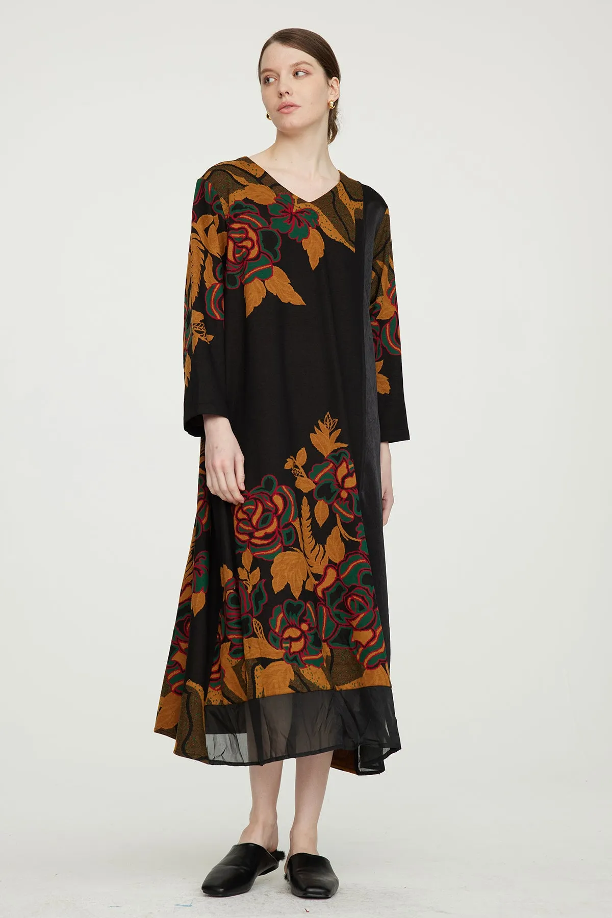 Vintage Rose V-Neck Mesh Splice Long Dress