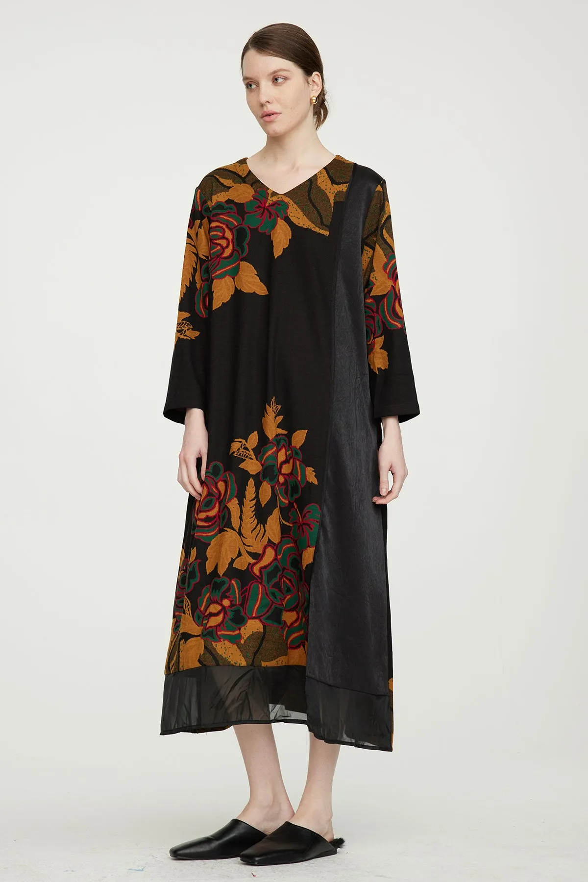Vintage Rose V-Neck Mesh Splice Long Dress