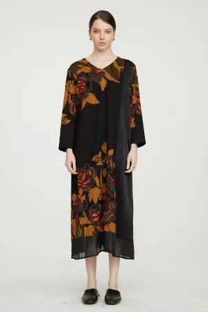 Vintage Rose V-Neck Mesh Splice Long Dress