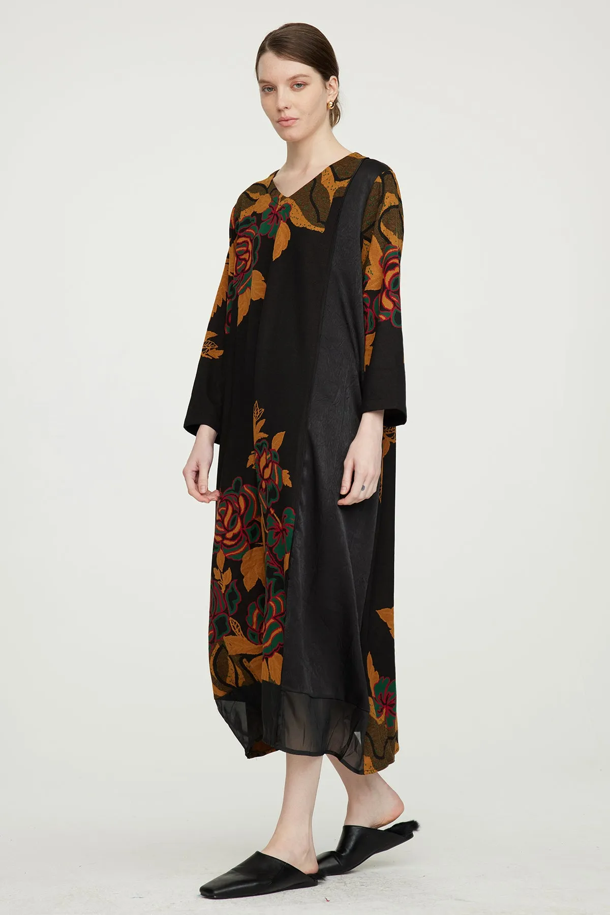 Vintage Rose V-Neck Mesh Splice Long Dress