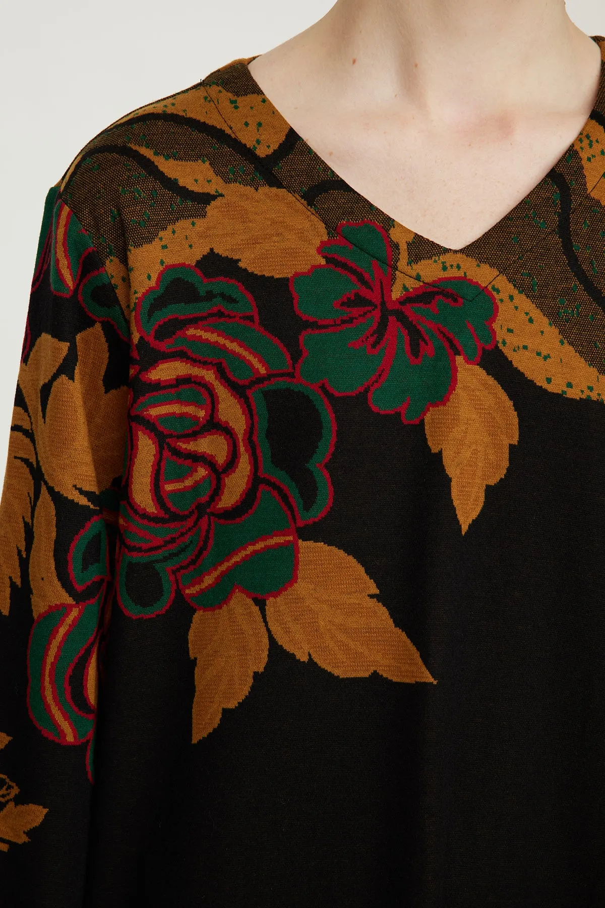 Vintage Rose V-Neck Mesh Splice Long Dress