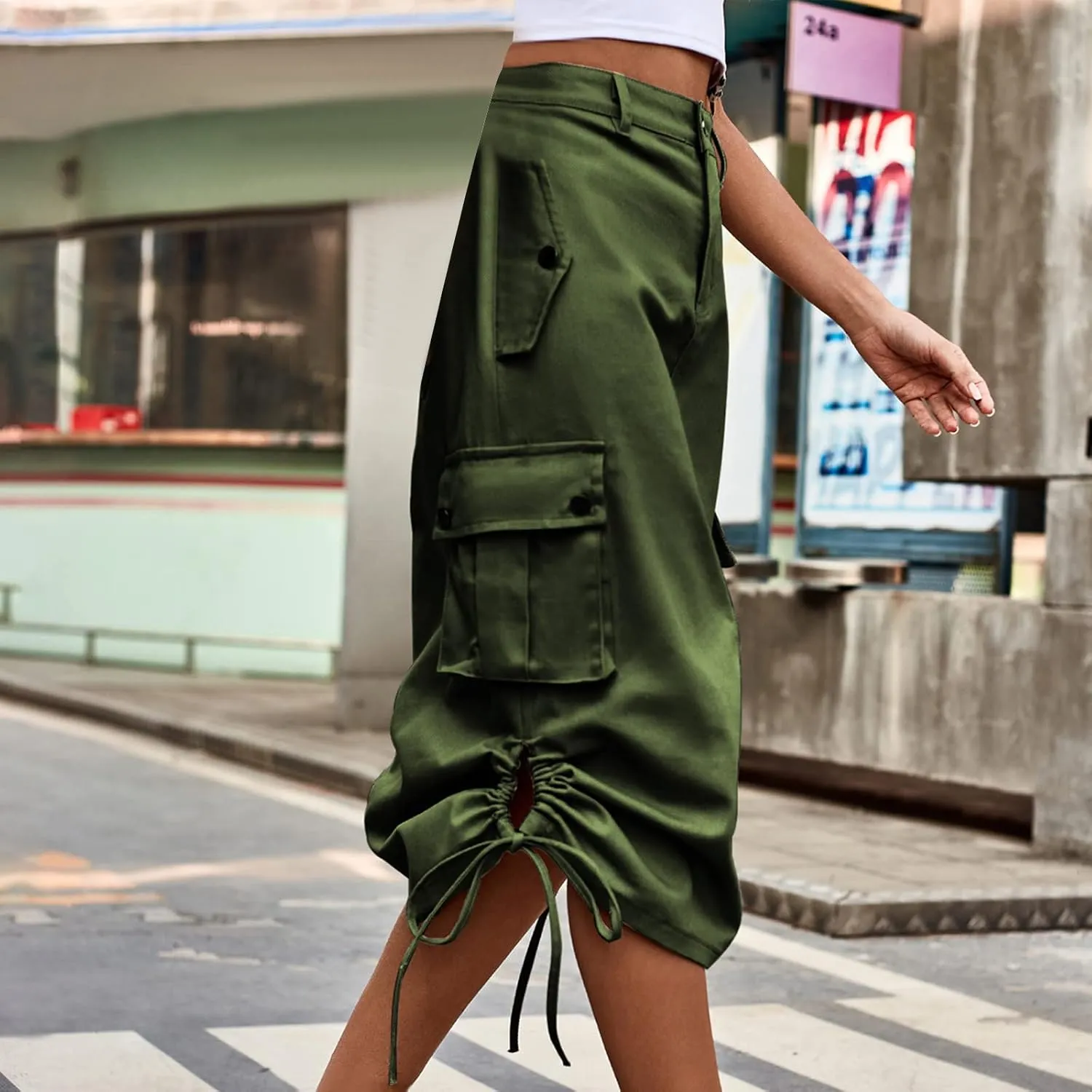 Women Denim Cargo Long Skirts High Waisted Button Ruched Side Slit Pencil Skirt Midi Jean Skirt with Flap Pockets