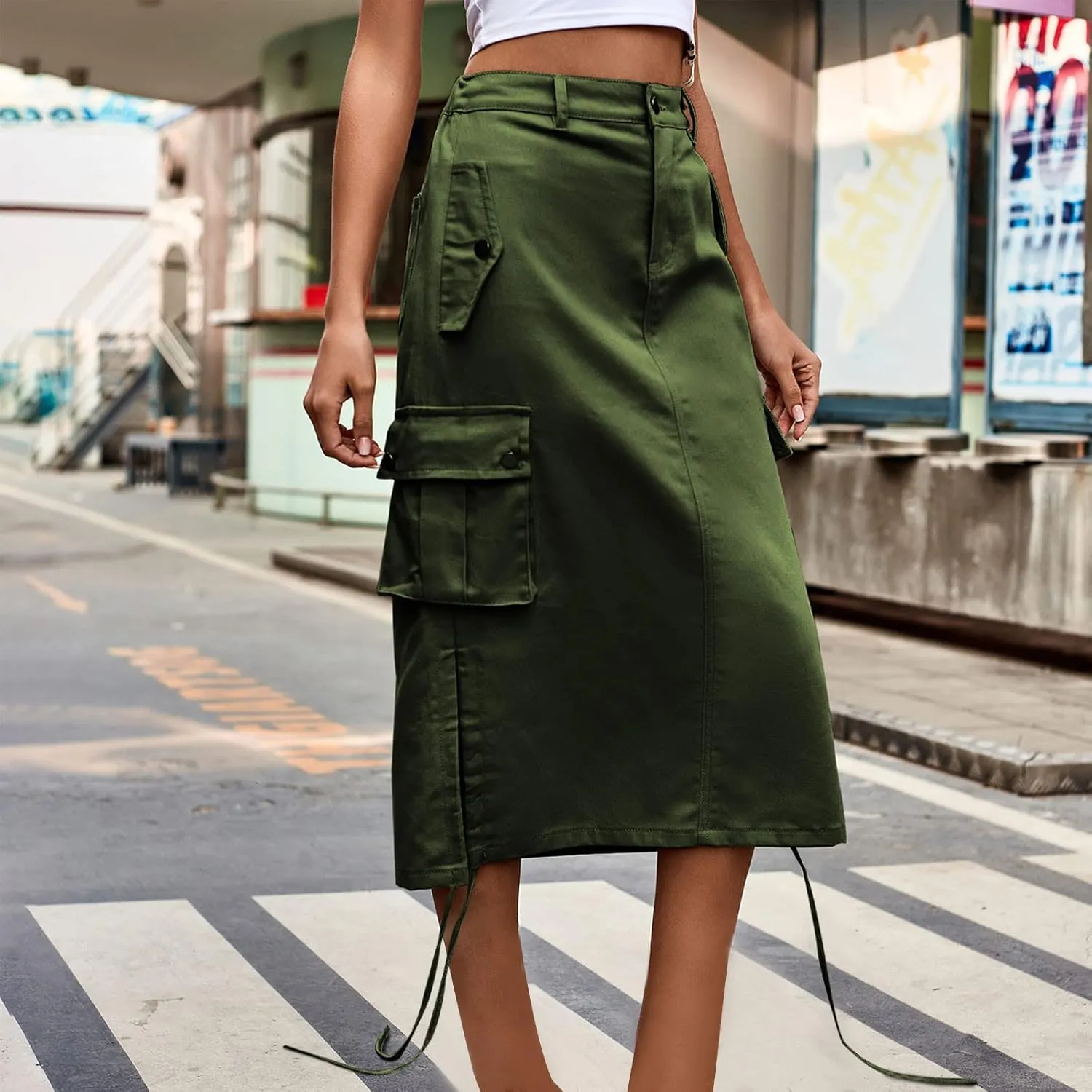 Women Denim Cargo Long Skirts High Waisted Button Ruched Side Slit Pencil Skirt Midi Jean Skirt with Flap Pockets