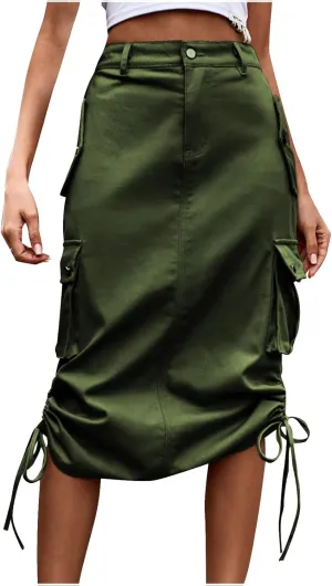 Women Denim Cargo Long Skirts High Waisted Button Ruched Side Slit Pencil Skirt Midi Jean Skirt with Flap Pockets